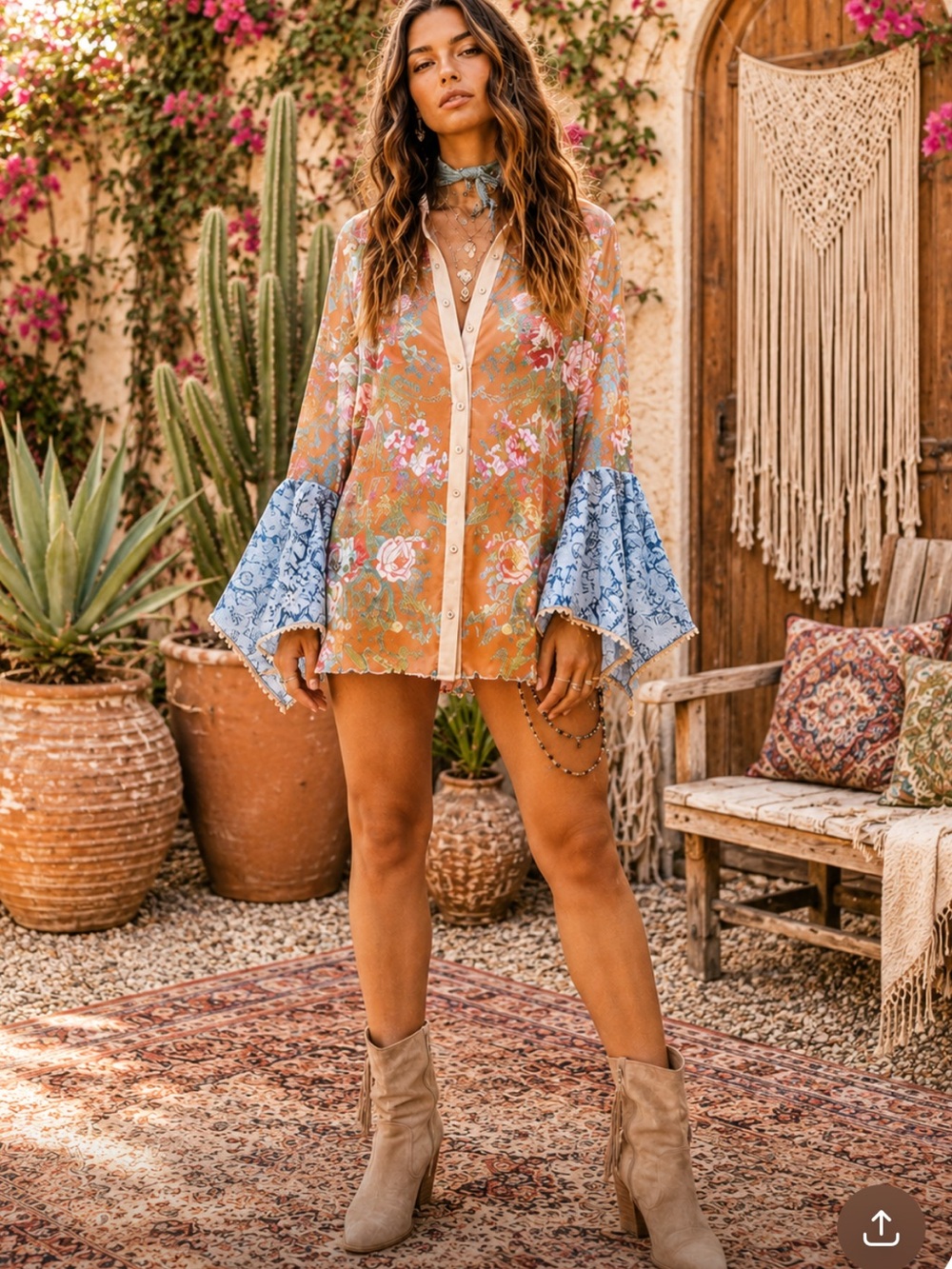 🆕 VALENTINA SHIRT Floral Button-Up Shirt with Bell Sleeves & ribbon